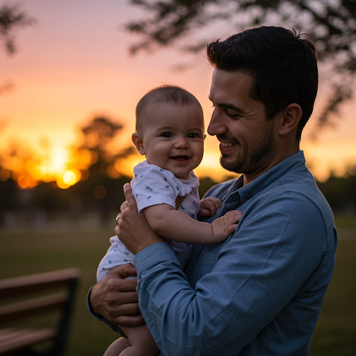 Pai e filho brincando no parque - exemplificando paternidade de qualidade através de tempo de qualidade e conexão emocional