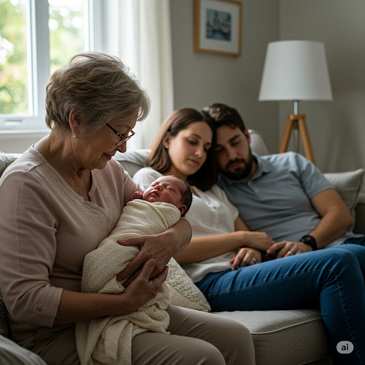 Avó segurando bebê recém-nascido no colo enquanto os pais descansam no sofá, Apoiar os Novos Pais.