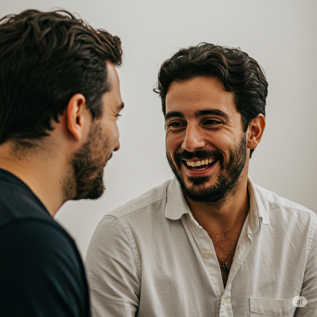 Homens a conversar, expressando alívio e apoio mútuo.