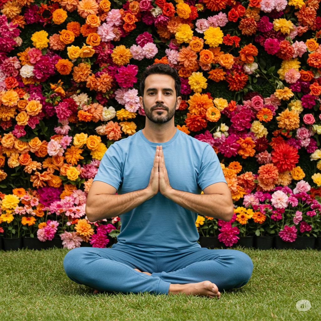  Homem a praticar yoga, expressão de bem-estar.