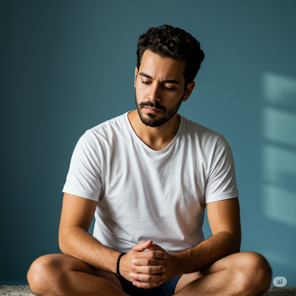  saúde mental Homem em meditação, expressão introspectiva.