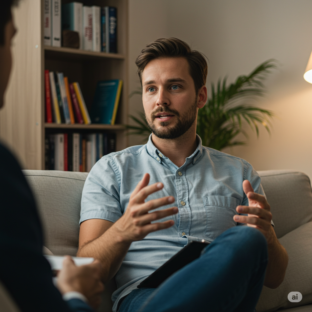 Homem a consultar um psicólogo, ambiente acolhedor.
