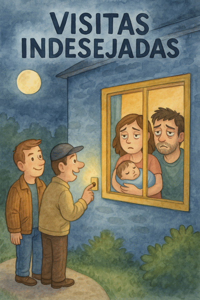 "Ilustração humorística de visitas inoportunas: relógio marcando 22h enquanto pais exaustos olham para campainha tocando"
