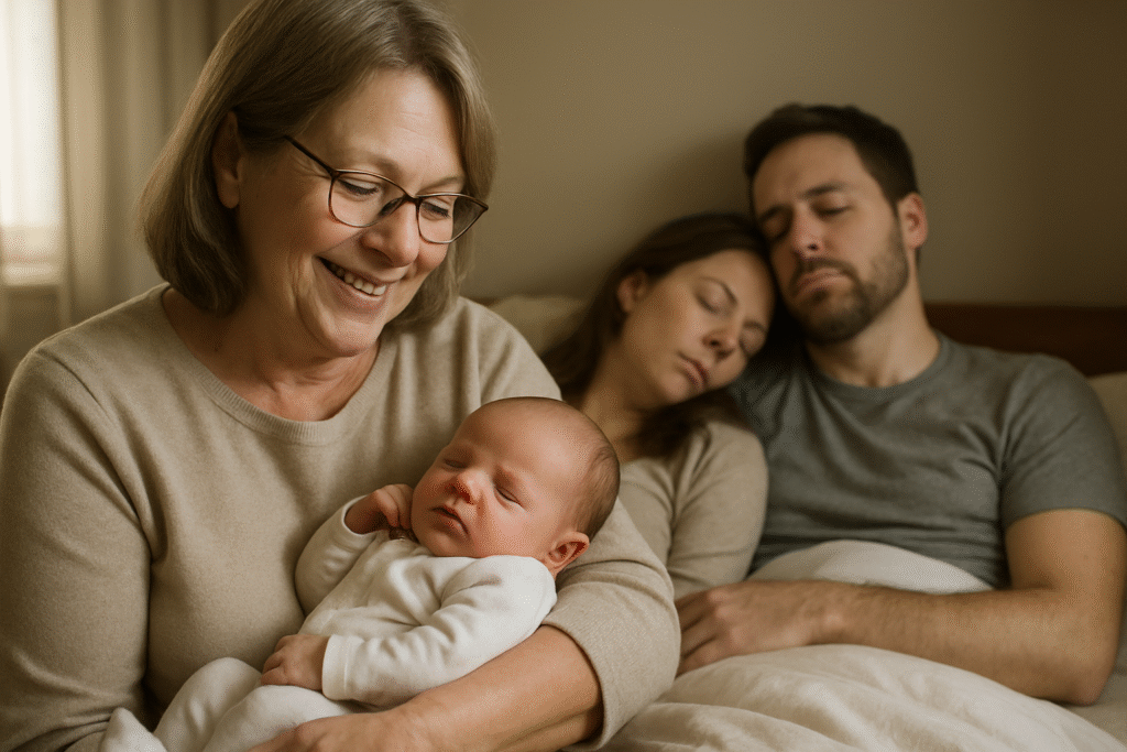 Avó segurando bebê recém-nascido no colo enquanto os pais descansam no sofá, demonstrando apoio familiar na chegada do bebê