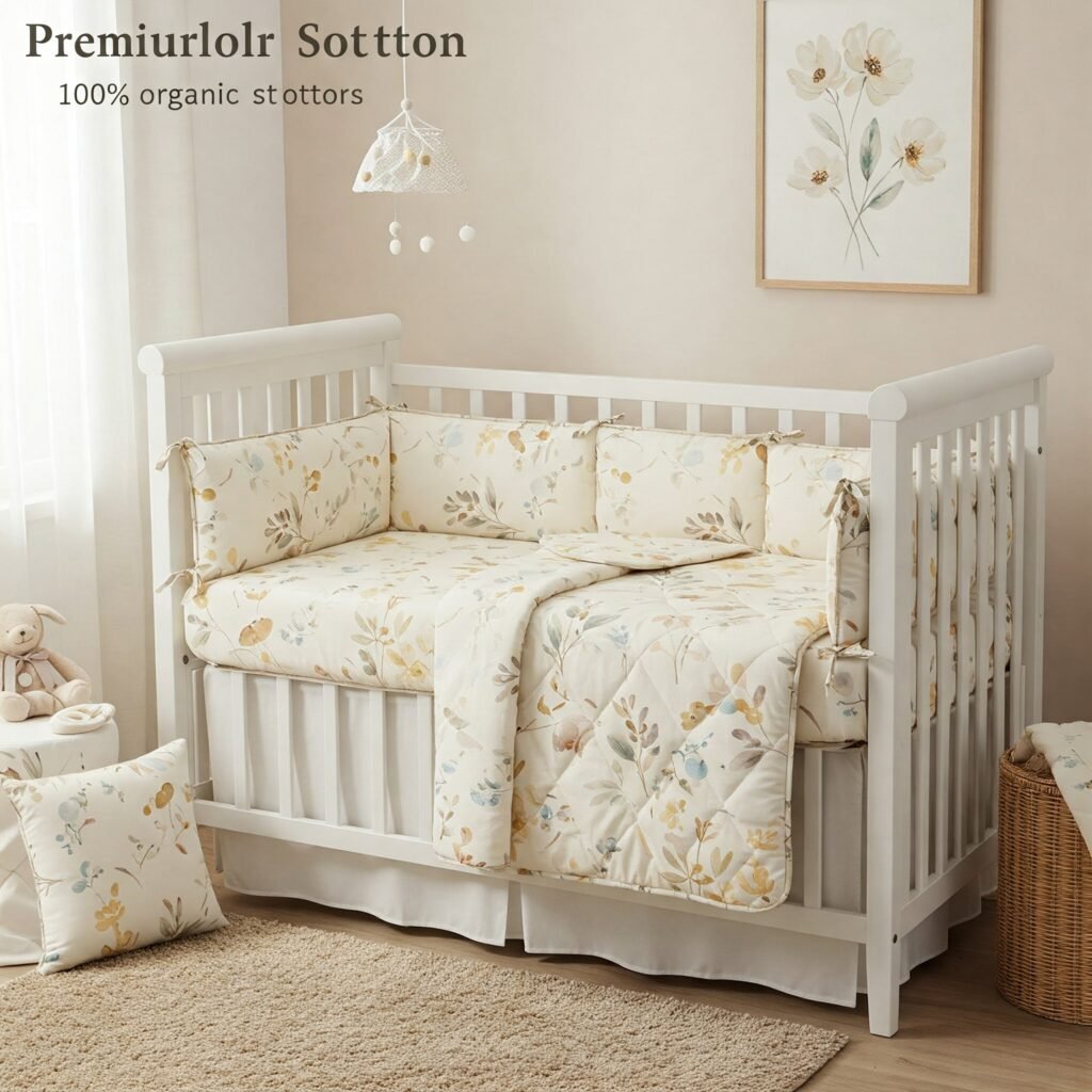 Um kit de berço premium com um design suave e luxuoso, com um padrão floral delicado em aguarela sobre um fundo creme. Conforto para o Quarto do Bebê