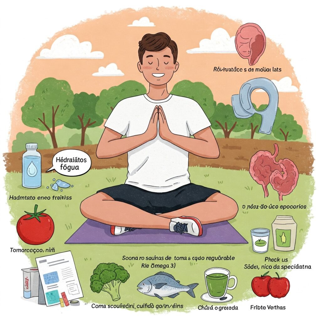 Homem maduro se exercitando ao ar livre e comendo alimentos ricos em nutrientes para saúde da próstata.