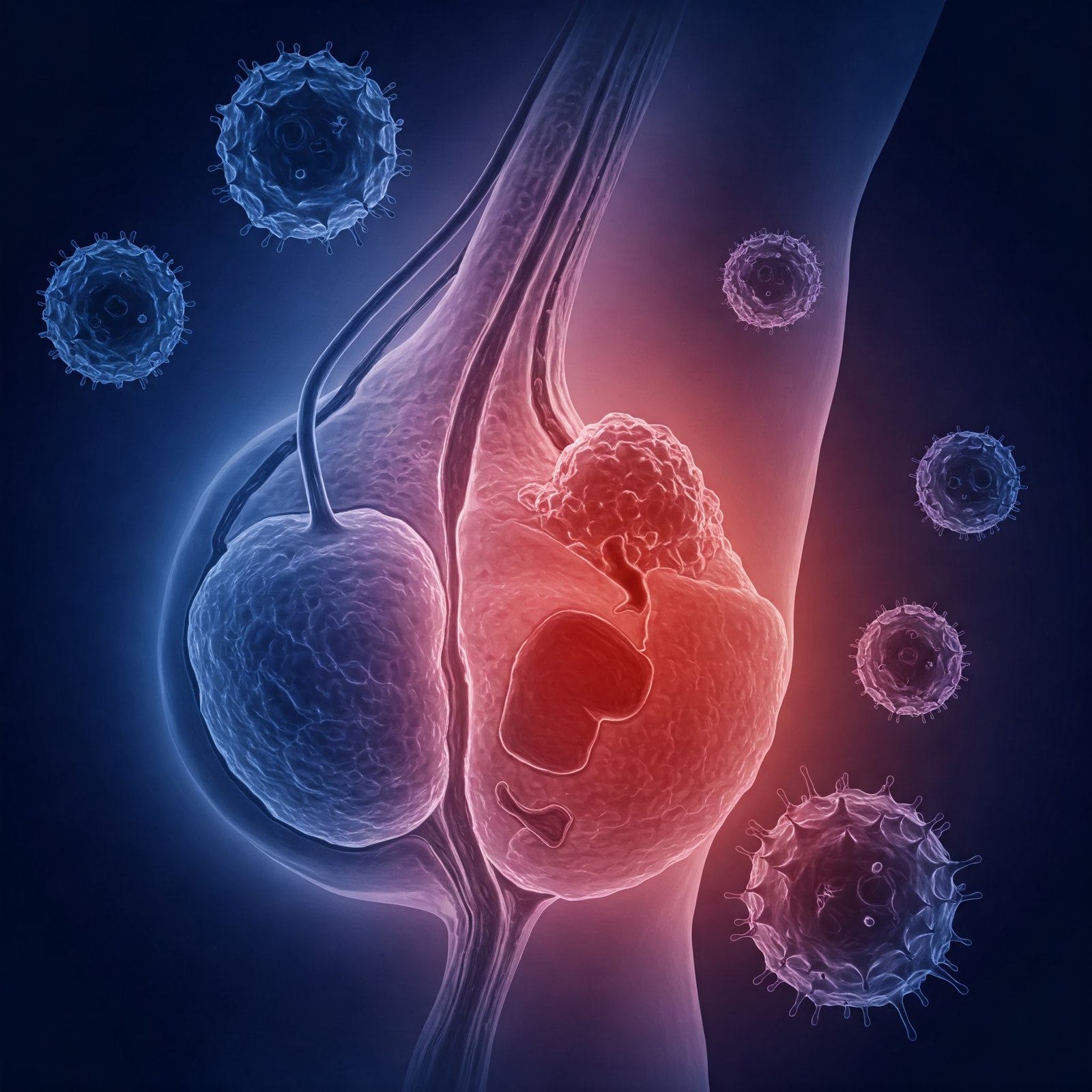 Ilustração microscópica mostrando células cancerígenas na próstata.