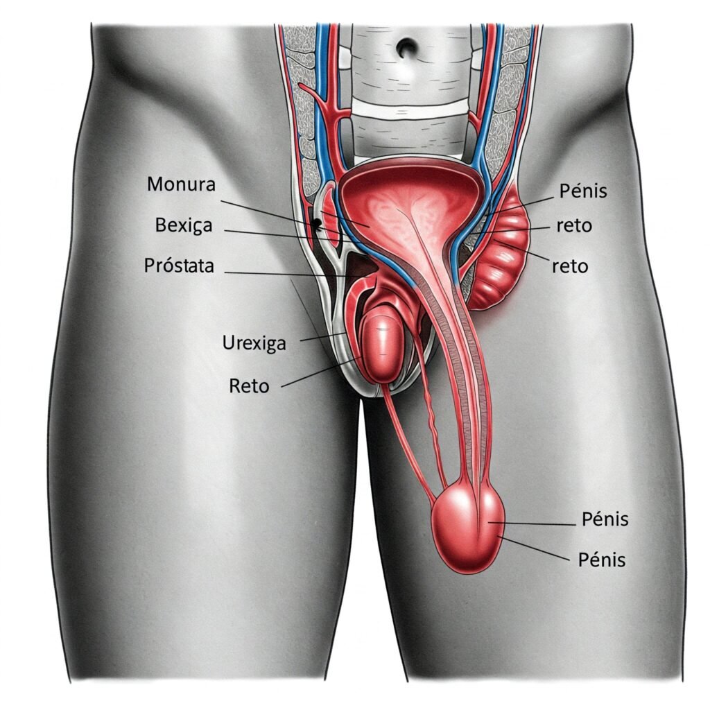 lustração médica mostrando a localização da próstata entre a bexiga e o reto no corpo masculino.
