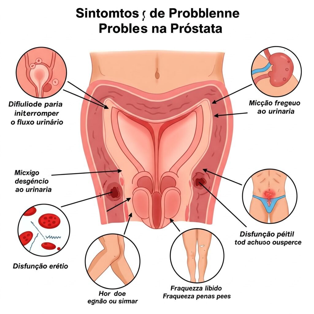 Infográfico com sintomas como dor ao urinar, jato fraco e urgência urinária associados a doenças da próstata.