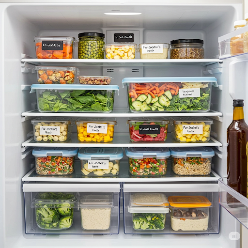 10 marmitas de vidro organizadas na geladeira com refeições caseiras para pais de recém-nascido, etiquetadas com datas