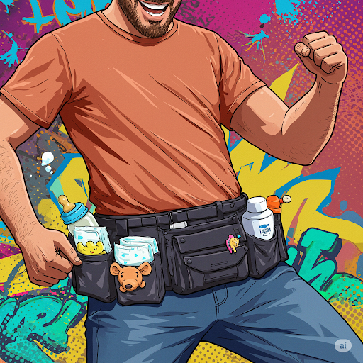Um pai moderno e sorridente veste um cinto de utilidades preto, similar ao do Batman, repleto de itens essenciais para bebês, incluindo mamadeira, fraldas decoradas com ursinhos, um pequeno frasco de talco e outros acessórios, contra um fundo vibrante com grafites coloridos. Palavras-chave: Melhores Itens para Bebê.